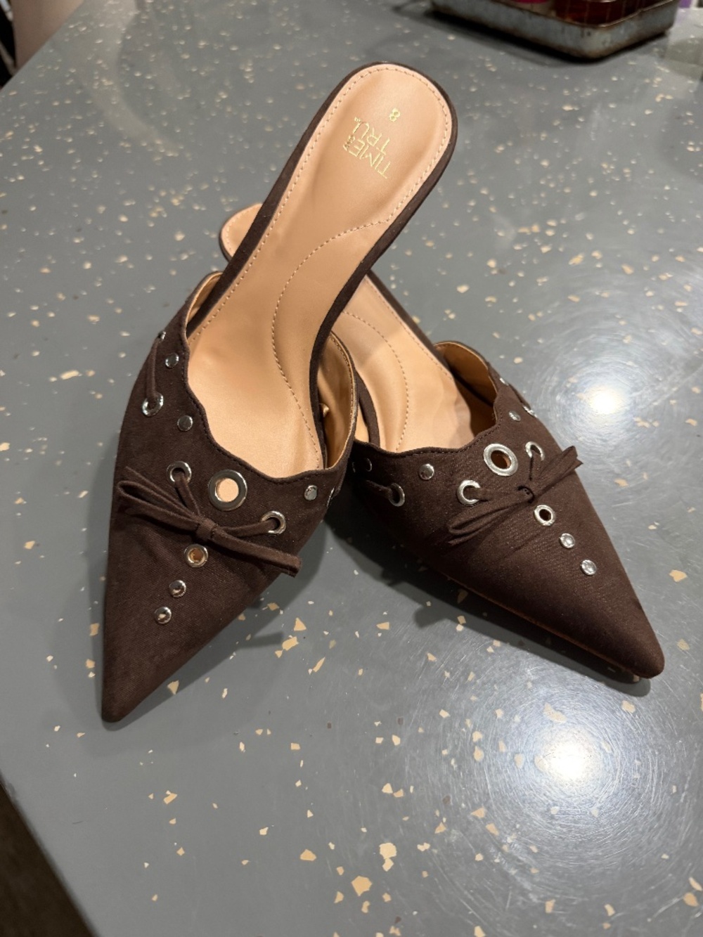 Chocolate brown slide on kitten heal shoes size 8